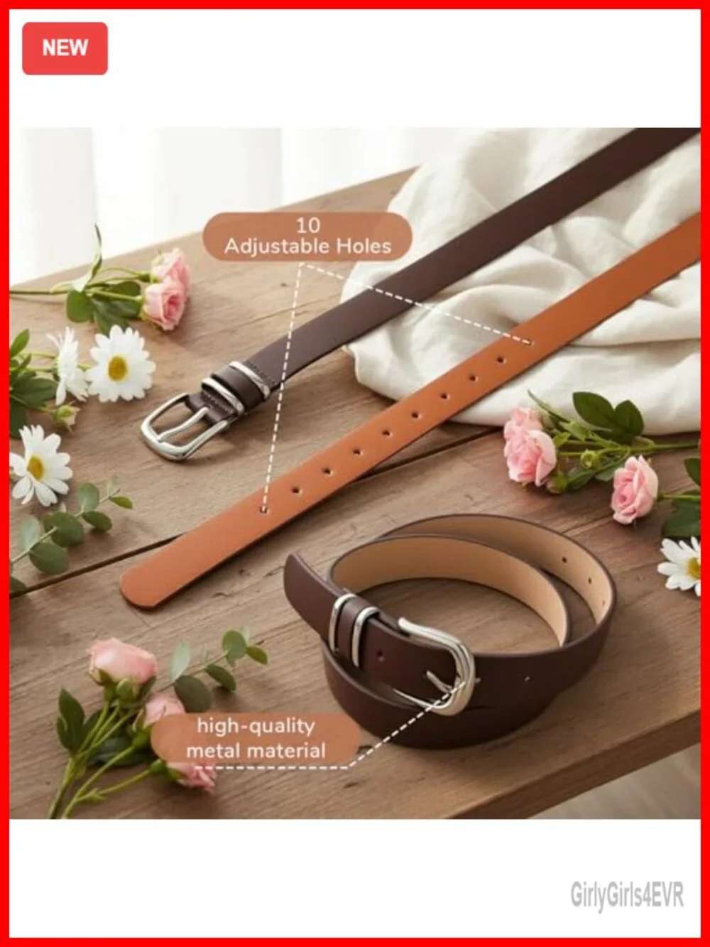 5 Pack Women's Leather Belts Silver Buckle Adjustable 25-35 Waist